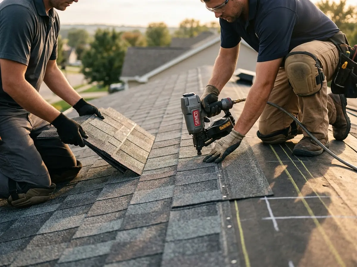Professional roofer working on a residential roof in Niagara Falls